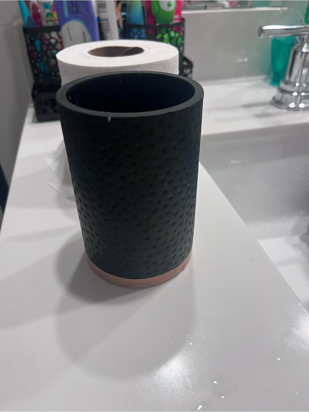 Textured Black Bathroom Tumbler with Rose Gold Base